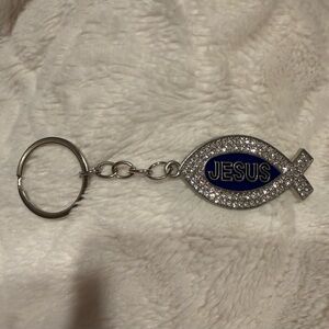 Jesus Fish Keychain with Blue Enamel and Rhinestones